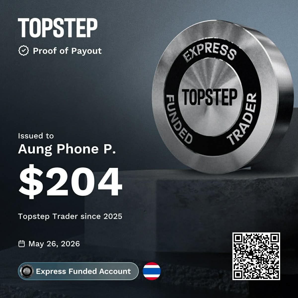 Topstep payout $204 — May 26, 2026